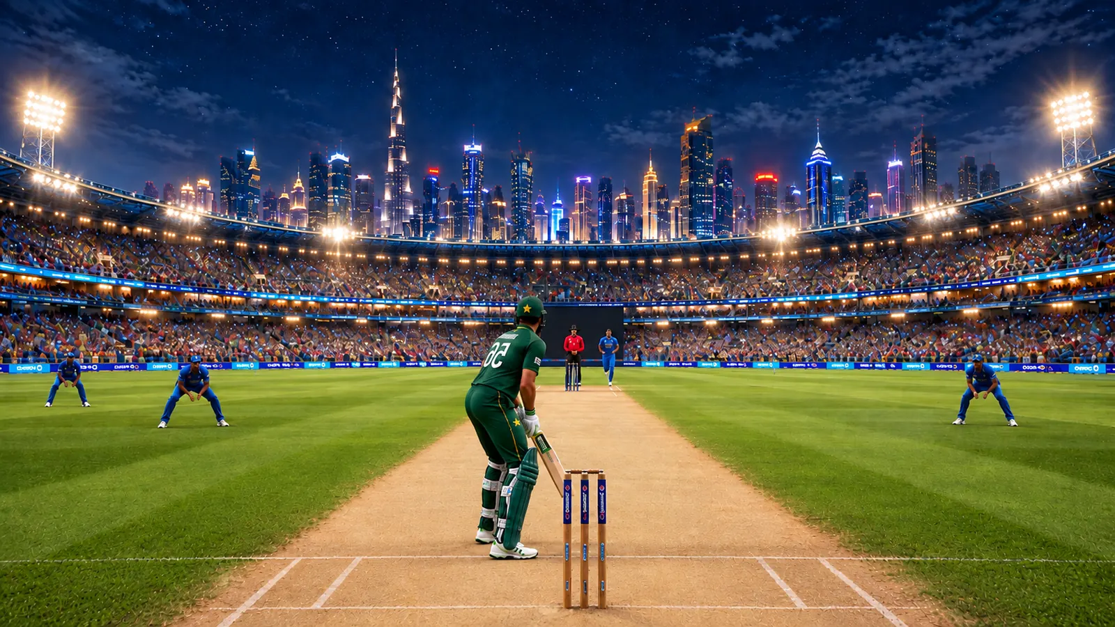 A batsman at the crease in a night stadium